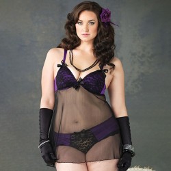 PLUS SIZE SHEER BABYDOLL WITH LACE AND PURPLE FABRIC DETAILS