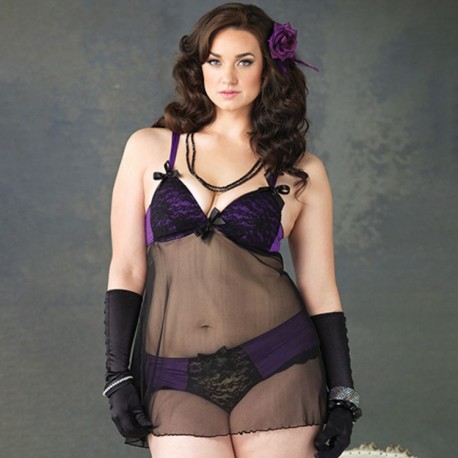 PLUS SIZE SHEER BABYDOLL WITH LACE AND PURPLE FABRIC DETAILS